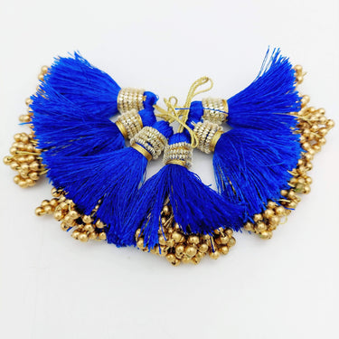 Royal Blue Tassels With Gold Beads, Beaded Thread Tassel Charms, Silky Tassels